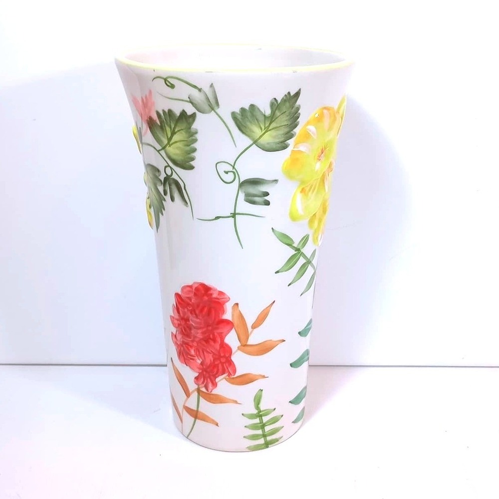 Floral Vase Home Decor 8in White Good Embossed Hand Painted Ceramic